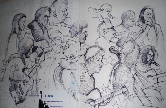 Drawing by Danny McEvoy at The Six Bells, Chiddingly on 2.04.13 - that's me upper middle