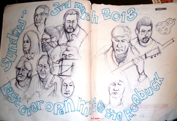 Drawing by Danny McEvoy at The Roebuck - that's me top middle - 3.03.13